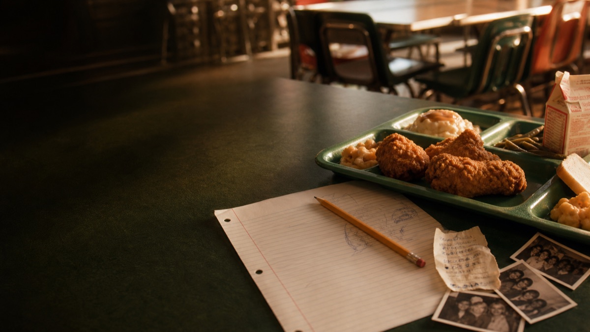 Fried Chicken Day cast gathered around a school cafeteria table
