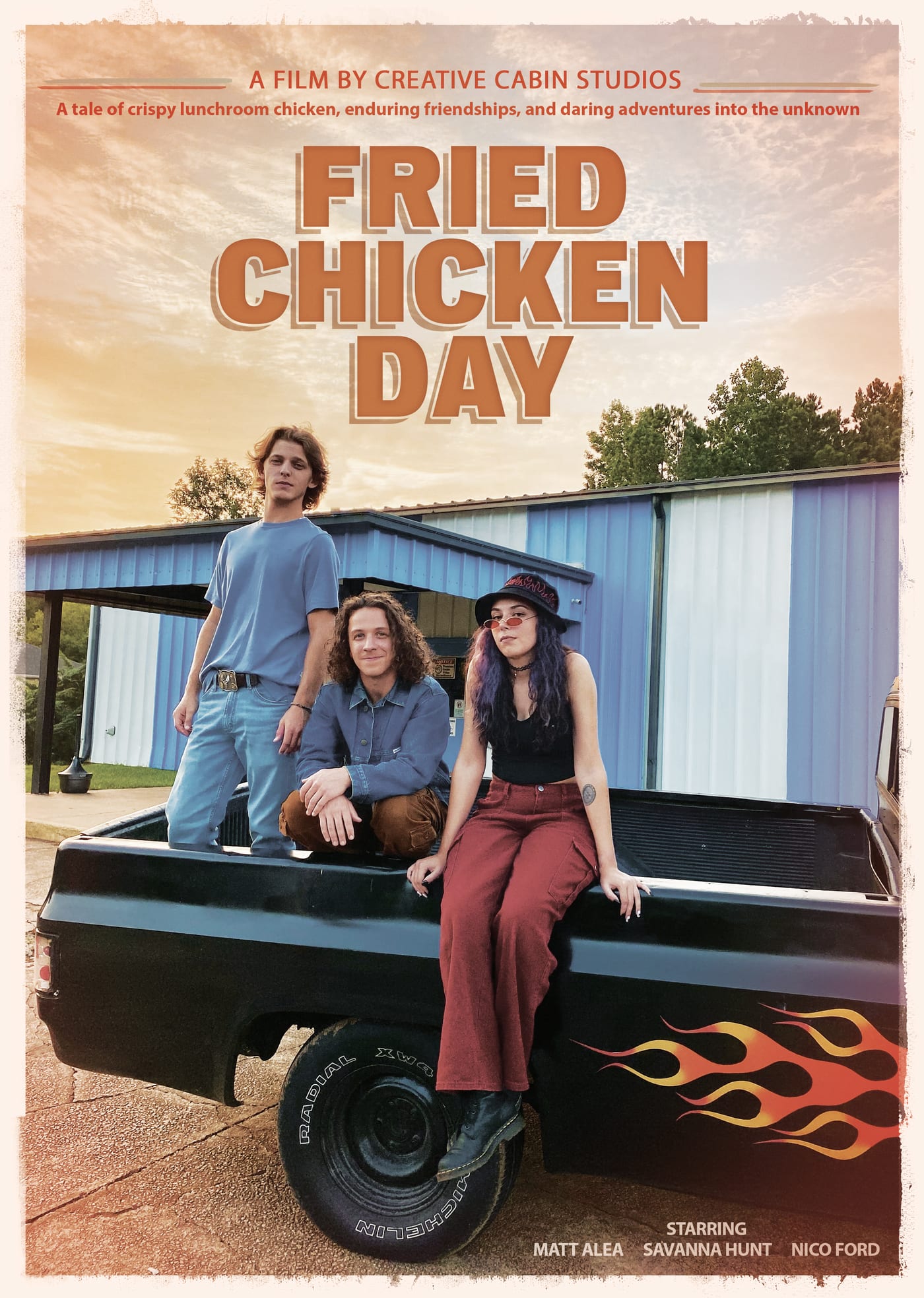 Fried Chicken Day poster showing Kai, Travis, and Brandi by a pickup truck beneath the film title