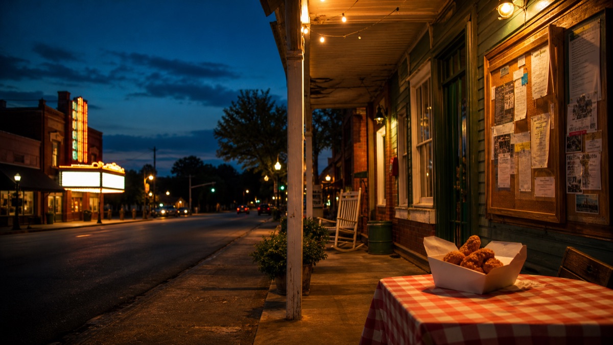 A quiet small-town Georgia street with warm retro color and movie-poster atmosphere