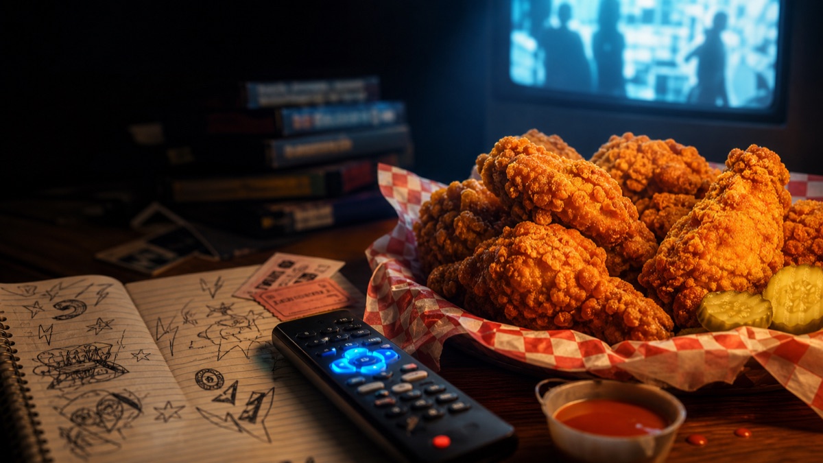A retro movie-night table with a remote, snacks, and warm living-room light